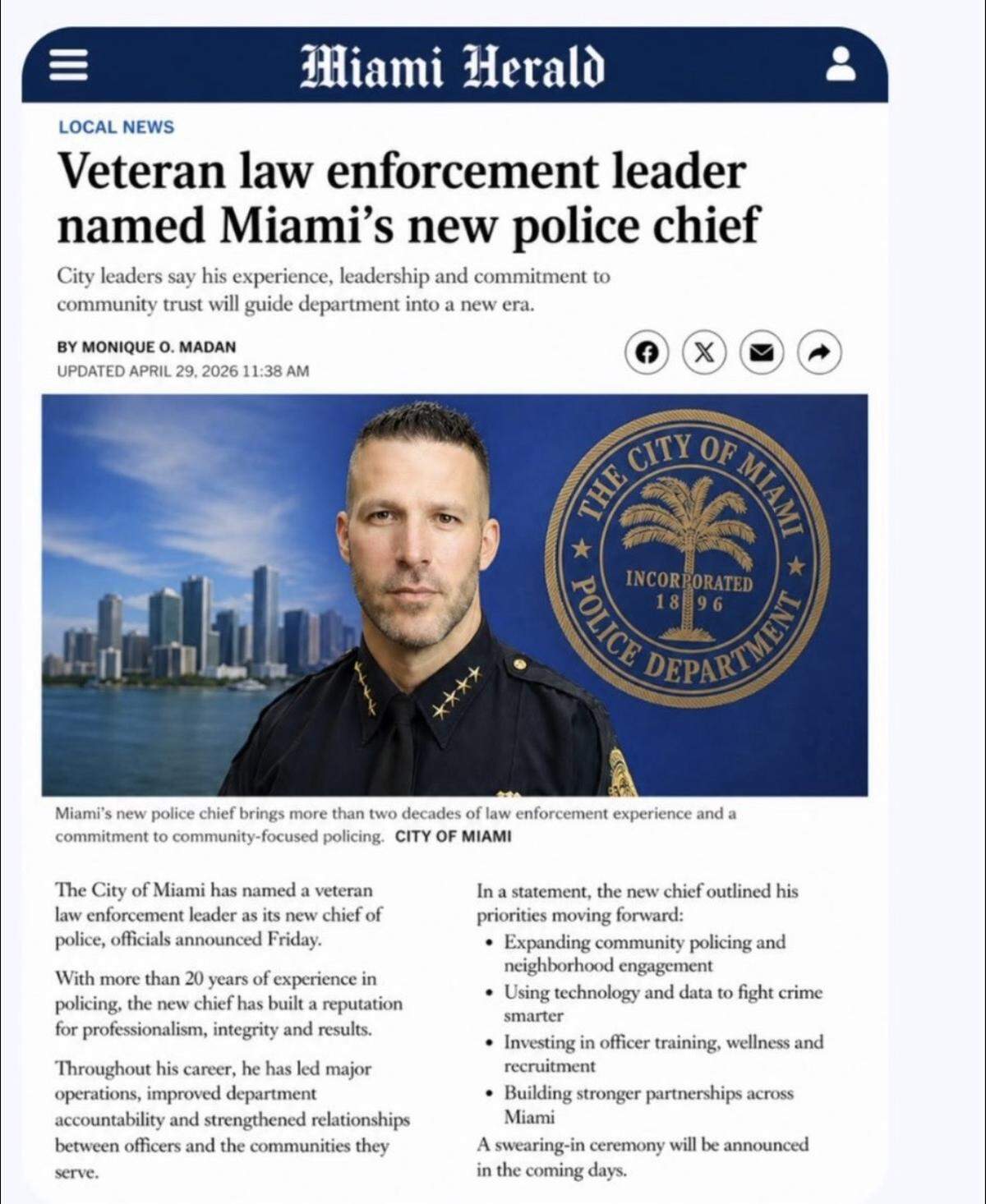 A screenshot of a fake Miami Herald article that circulated Wednesday. The purported author, a former Herald reporter, publicly stated that she did not write or create it, adding that, “This is how misinformation spreads.”